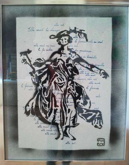 An Pra - La Fianc&eacute;e vole au vent 2014 - acrylique et encre sur carton/po&egrave;me - 43x53 encadr&eacute; sous verre - 290 euros